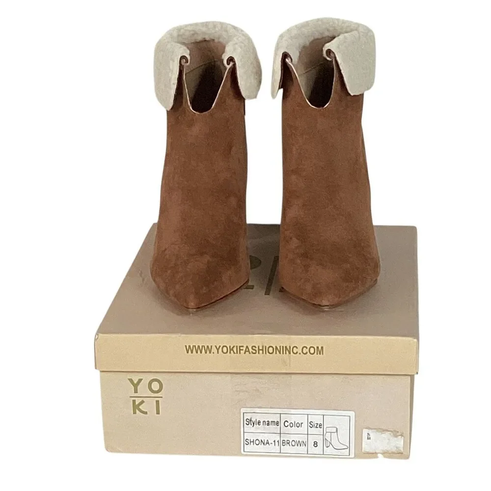 Yoki Shona Womens Brown Faux Suede Sherpa Trim Block Heel Ankle Boots Size 8